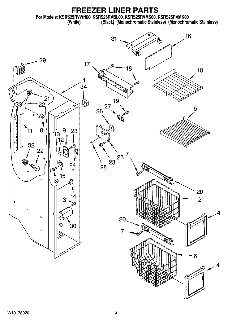 FREEZER LINER PARTS Diagram and Parts List for KSRS25RVMS00  KitchenAid Refrigerator