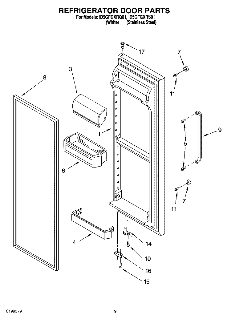 REFRIGERATOR DOOR PARTS Diagram and Parts List for ID5GFGXRS01  Whirlpool Refrigerator
