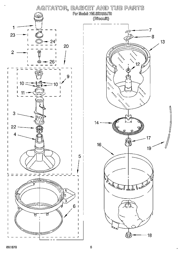 AGITATOR, BASKET AND TUB Diagram and Parts List for 7MLSR7533JT0  Whirlpool Washer