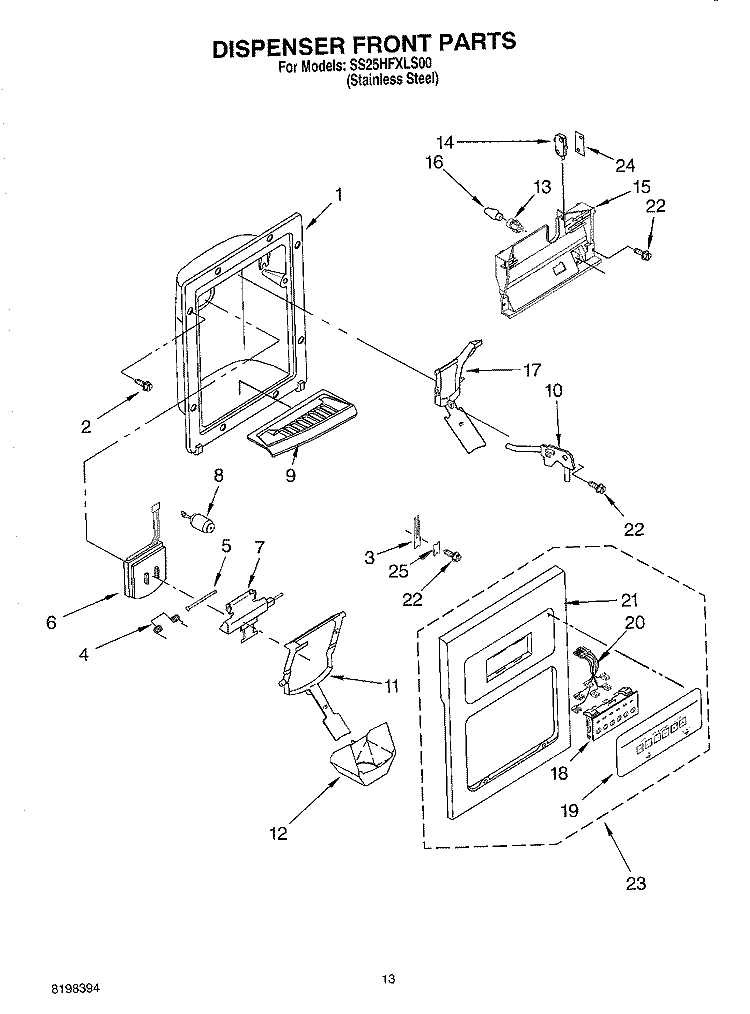 DISPENSER FRONT PARTS Diagram and Parts List for SS25HFXLS00  Whirlpool Refrigerator