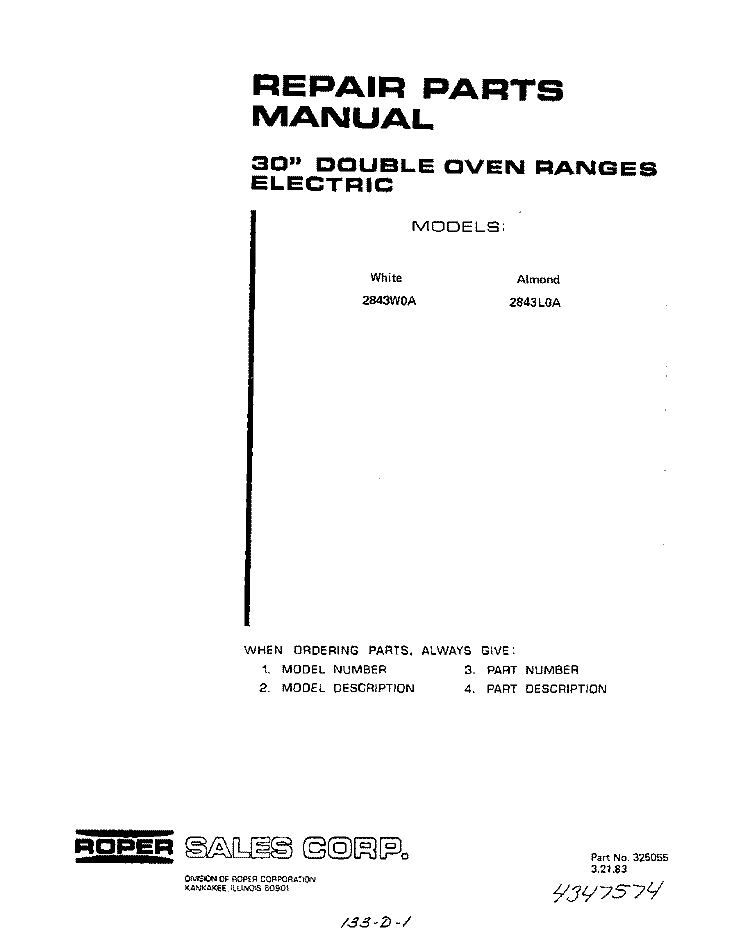 MAIN TOP Diagram and Parts List for 2843W0A  Roper Range