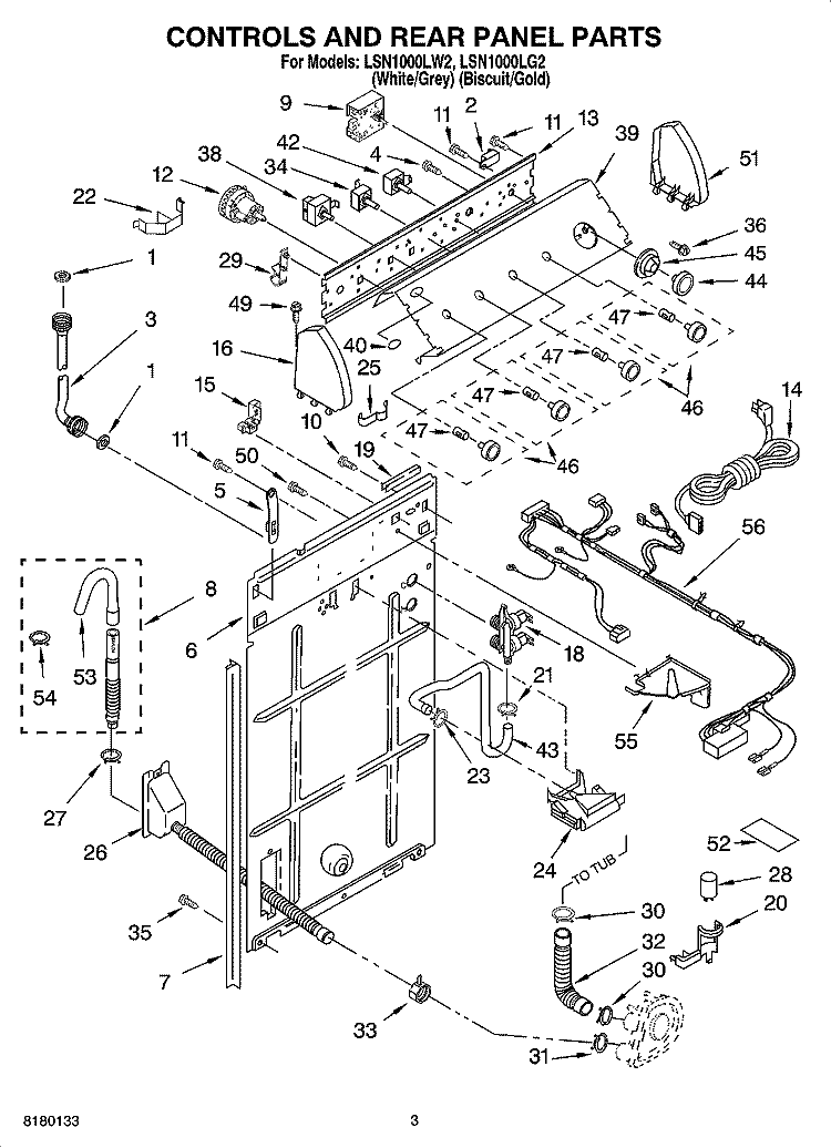 CONTROLS AND REAR PANEL PARTS Diagram and Parts List for LSN1000LW2  Whirlpool Washer