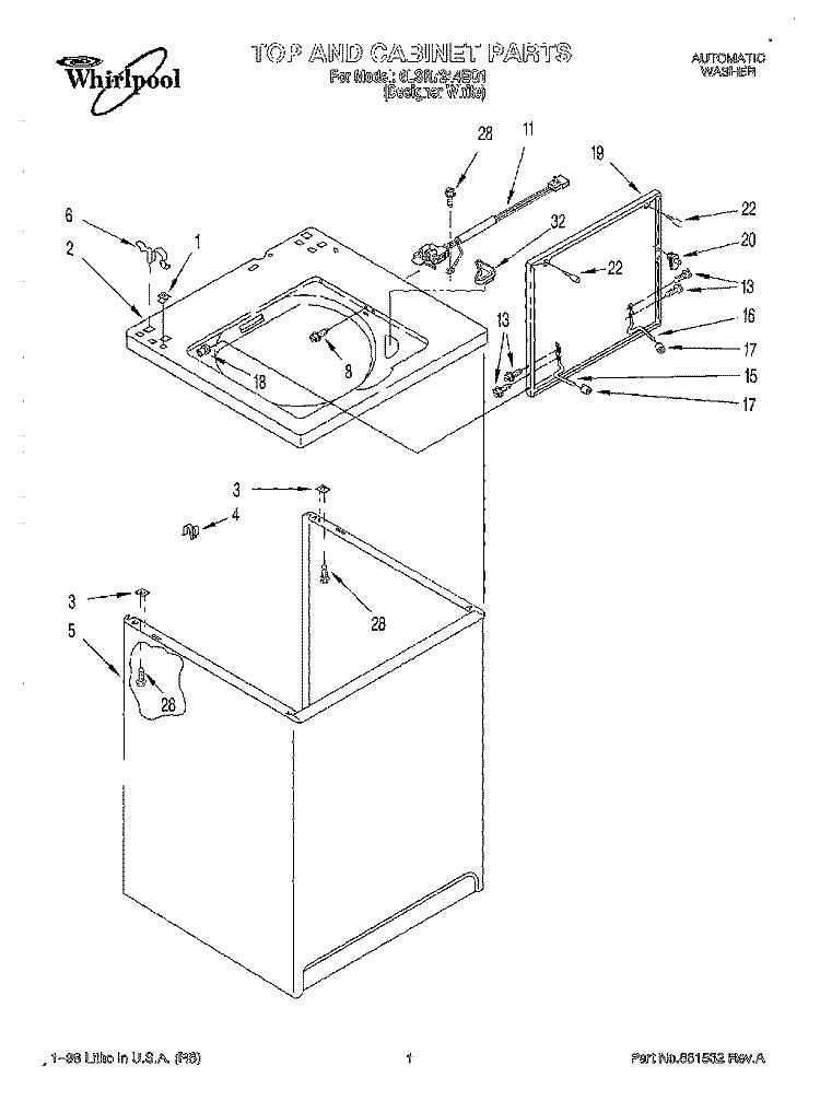 TOP AND CABINET Diagram and Parts List for 6LSR7244EQ1  Whirlpool Washer