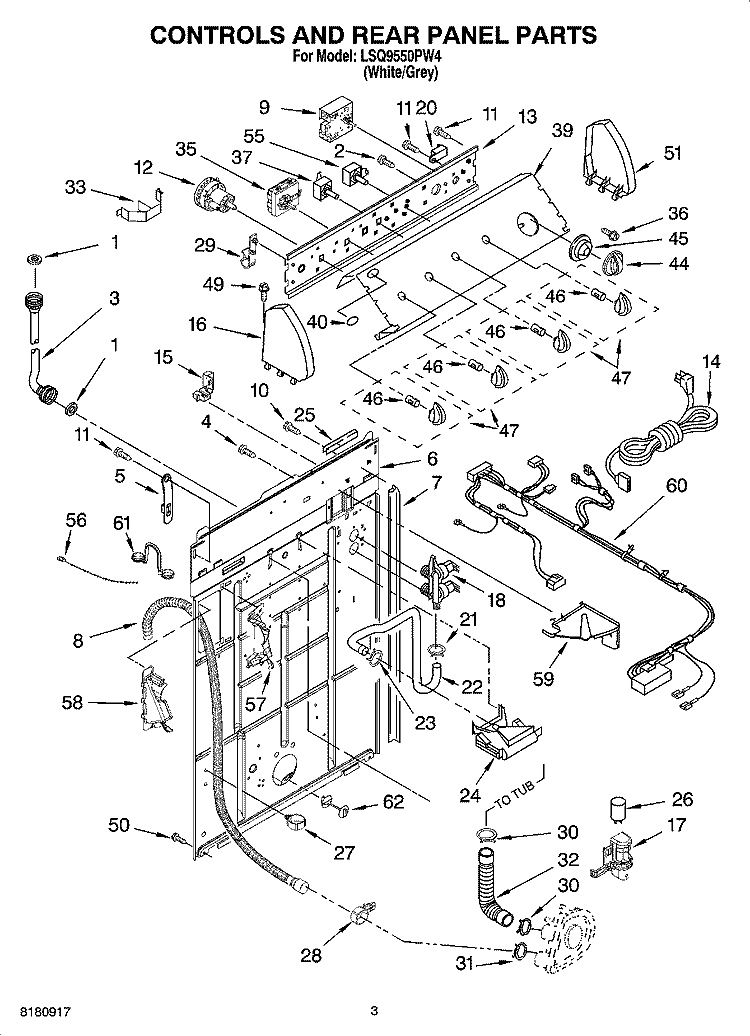 CONTROLS AND REAR PANEL PARTS Diagram and Parts List for LSQ9550PW4  Whirlpool Washer
