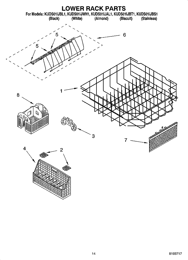 LOWER RACK PARTS Diagram and Parts List for KUDS01IJBS1  KitchenAid Dishwasher