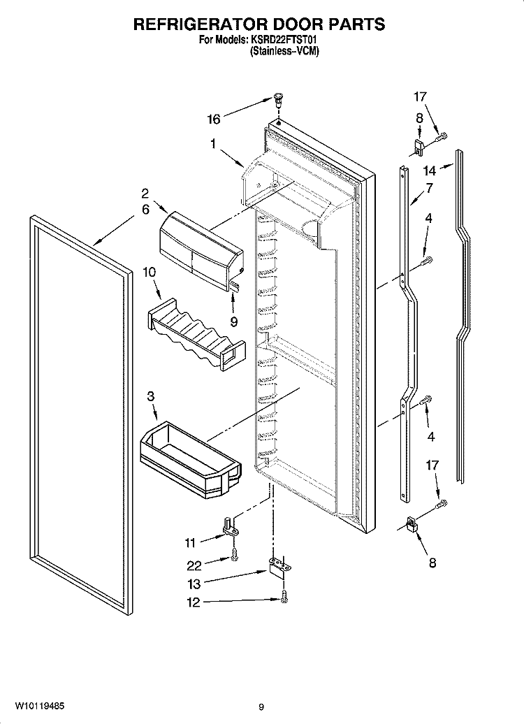 REFRIGERATOR DOOR PARTS Diagram and Parts List for KSRD22FTST01  KitchenAid Refrigerator