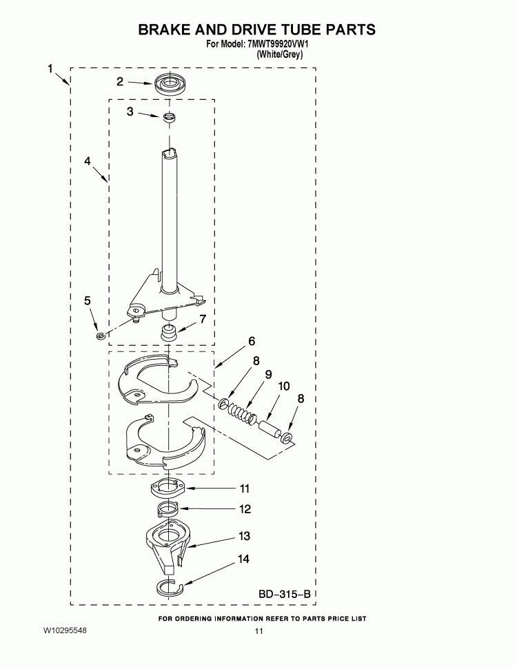 BRAKE AND DRIVE TUBE PARTS Diagram and Parts List for 7MWT99920VW1  Whirlpool Washer