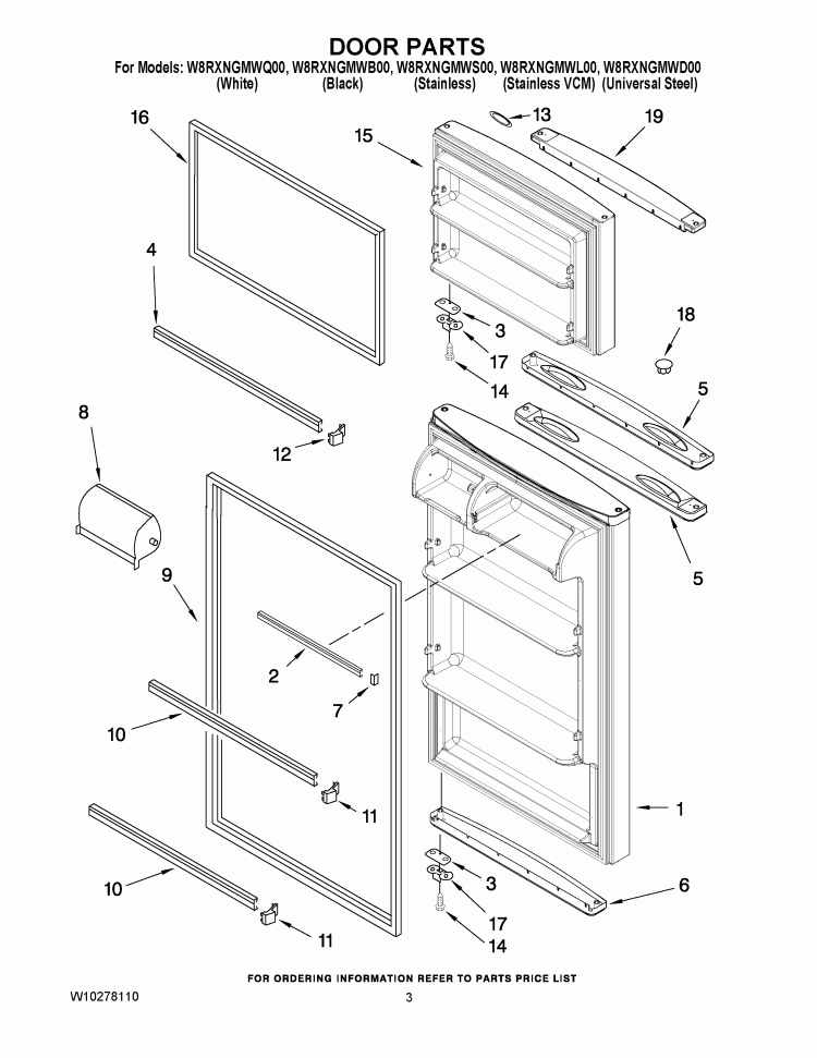 DOOR PARTS Diagram and Parts List for W8RXNGMWL00  Whirlpool Refrigerator