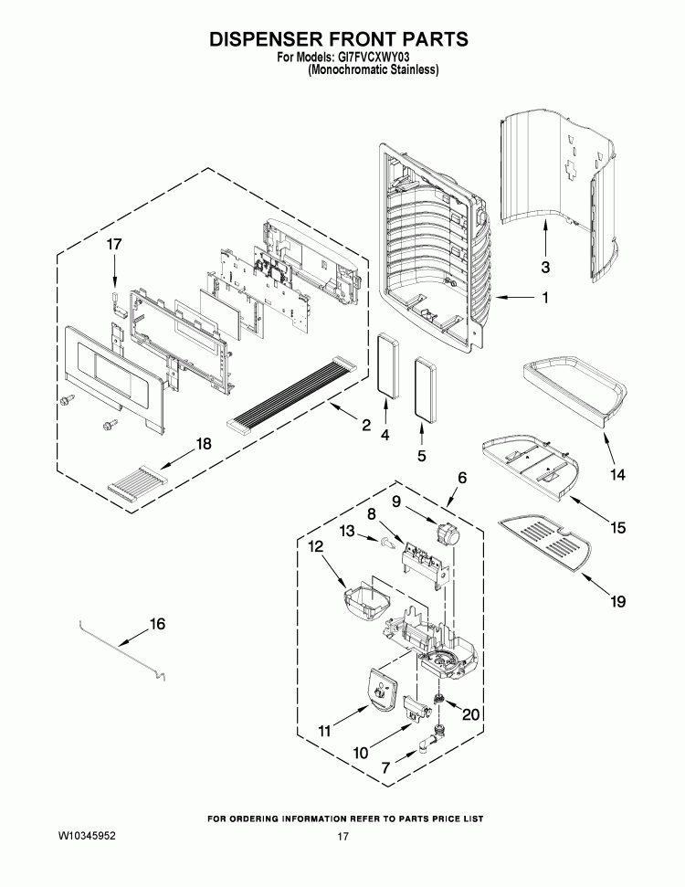 DISPENSER FRONT PARTS Diagram and Parts List for GI7FVCXWY03  Whirlpool Refrigerator