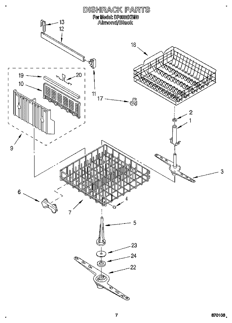 DISHRACK, LITERATURE Diagram and Parts List for DP8500XBN0  Whirlpool Dishwasher