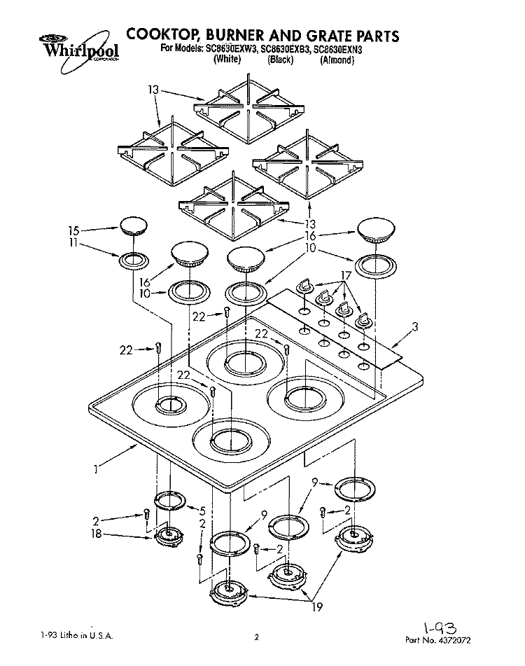 COOKTOP, BURNER AND GRATE Diagram and Parts List for SC8630EXB3  Whirlpool Cooktop