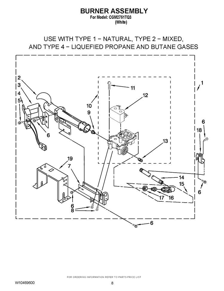 BURNER ASSEMBLY Diagram and Parts List for CGM2751TQ3  Whirlpool Dryer