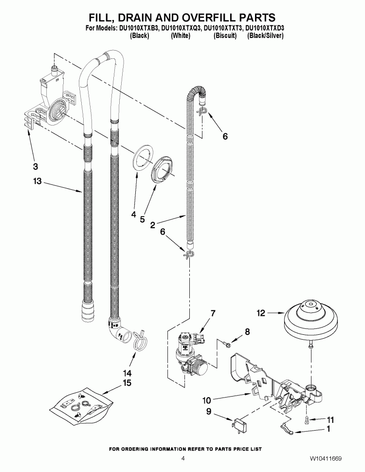 FILL, DRAIN AND OVERFILL PARTS Diagram and Parts List for DU1010XTXD3  Whirlpool Dishwasher