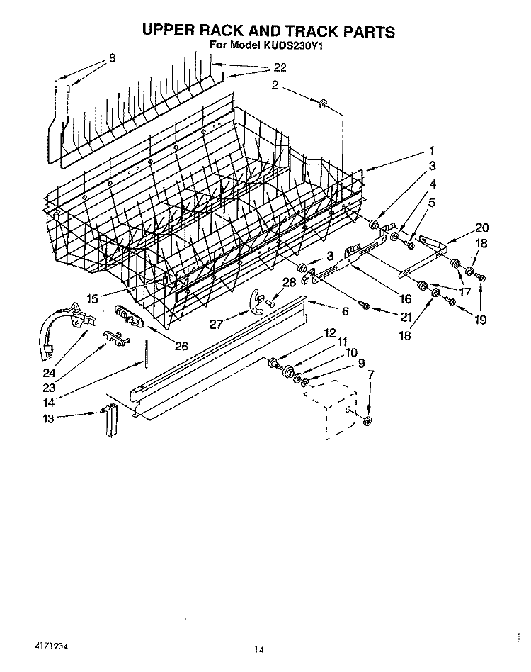 UPPER RACK AND TRACK Diagram and Parts List for KUDS230Y1  KitchenAid Dishwasher