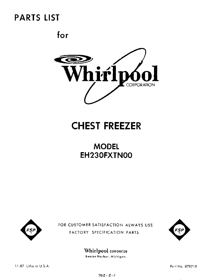 SECTION Diagram and Parts List for EH230FXTN00  Whirlpool Freezer