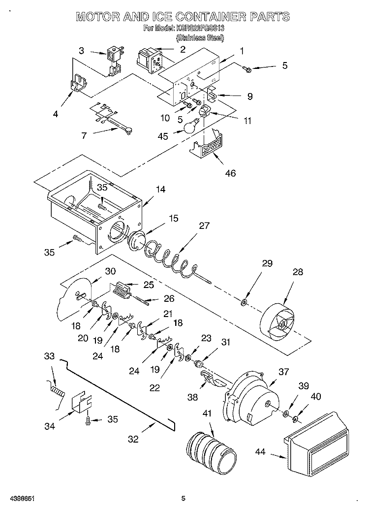 MOTOR AND ICE CONTAINER Diagram and Parts List for KSRS22FGSS13  KitchenAid Refrigerator