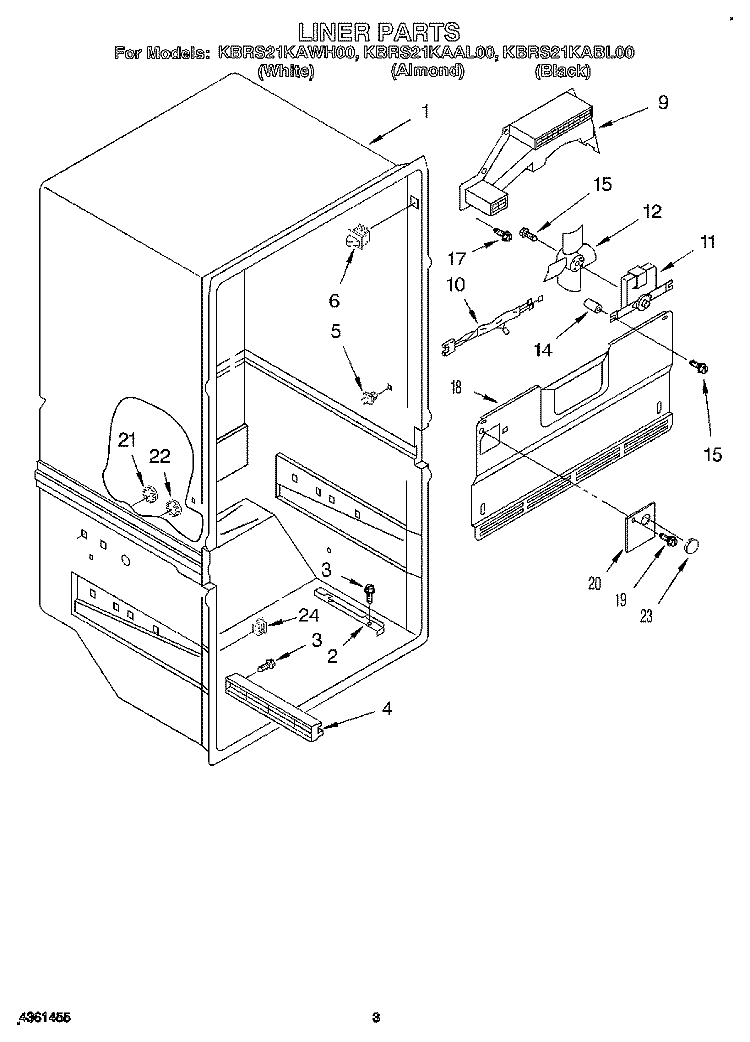 LINER Diagram and Parts List for KBRS21KABL00  KitchenAid Refrigerator