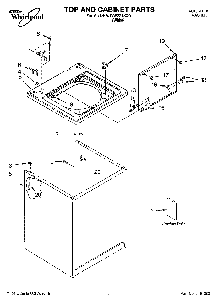 TOP AND CABINET PARTS Diagram and Parts List for WTW5321SQ0  Whirlpool Washer