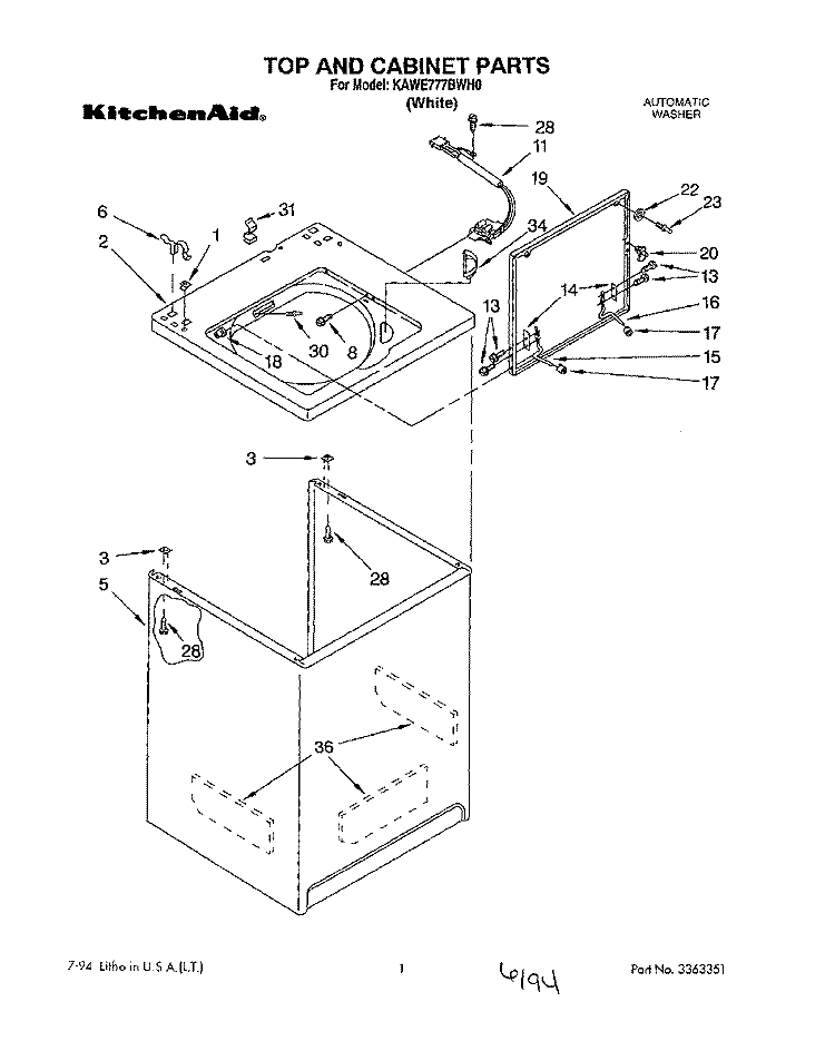 TOP AND CABINET, LIT/OPTIONAL Diagram and Parts List for KAWE777BWH0  KitchenAid Washer