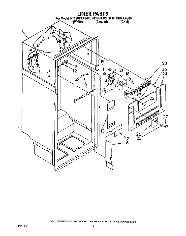 LINER Diagram and Parts List for RT18BKXXW00  Roper Refrigerator