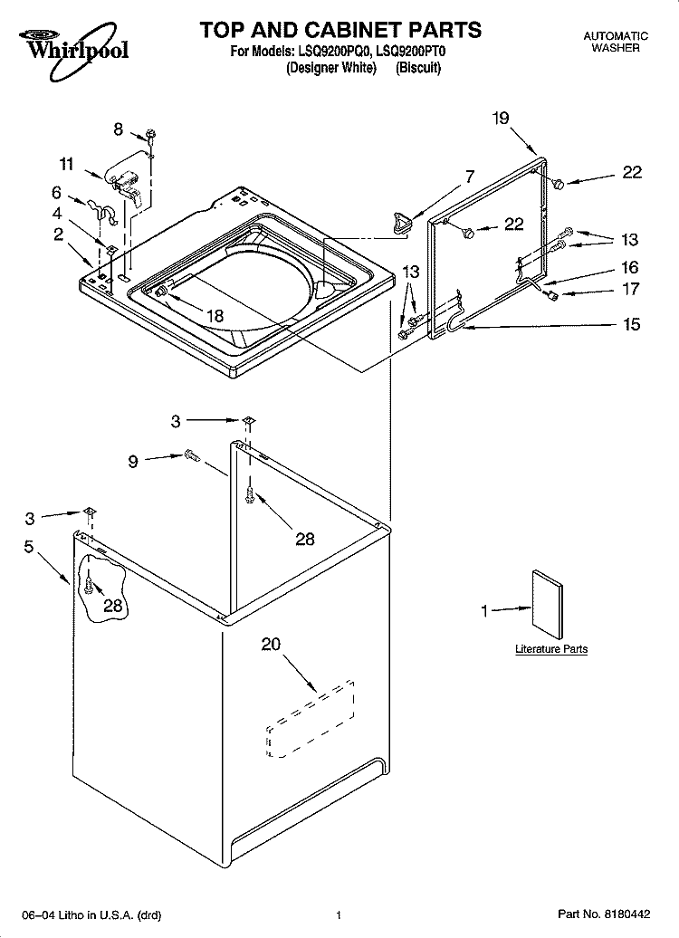 TOP AND CABINET PARTS Diagram and Parts List for LSQ9200PT0  Whirlpool Washer