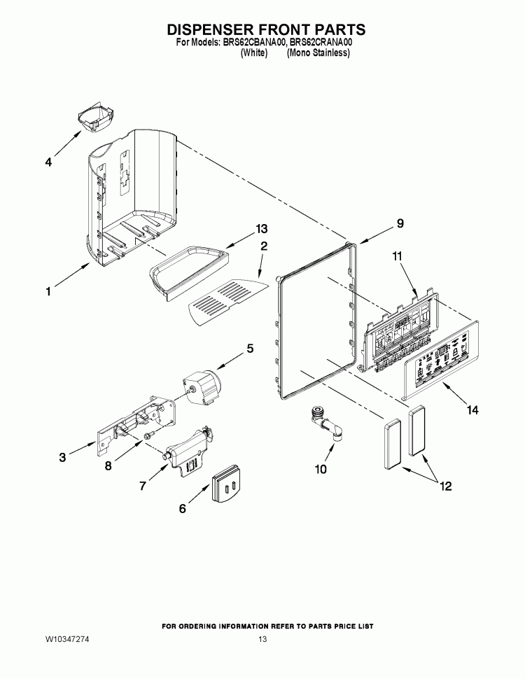 DISPENSER FRONT PARTS Diagram and Parts List for BRS62CRANA00  Whirlpool Refrigerator