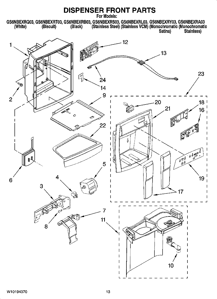 DISPENSER FRONT PARTS Diagram and Parts List for GS6NBEXRL03  Whirlpool Refrigerator