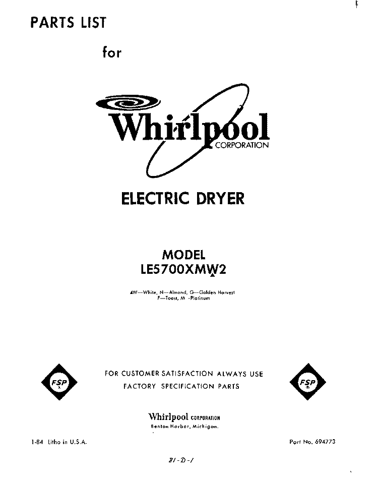 SECTION Diagram and Parts List for LE5700XMW2  Whirlpool Dryer