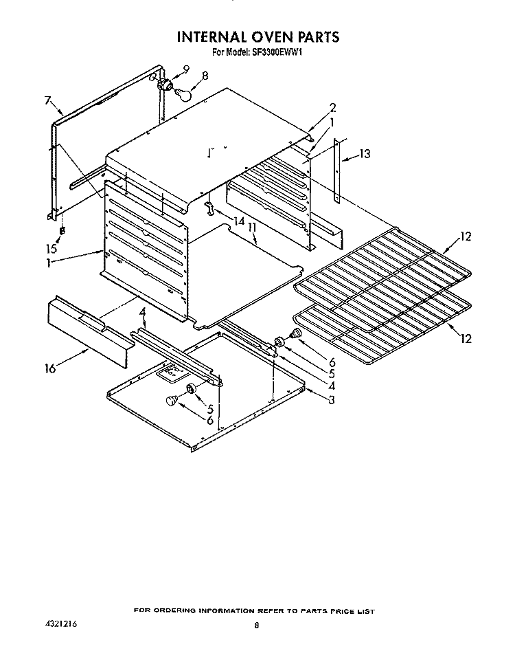 INTERNAL OVEN Diagram and Parts List for SF3300EWW1  Whirlpool Range