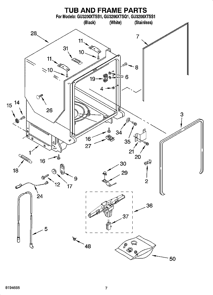 TUB AND FRAME PARTS Diagram and Parts List for GU3200XTSB1  Whirlpool Dishwasher