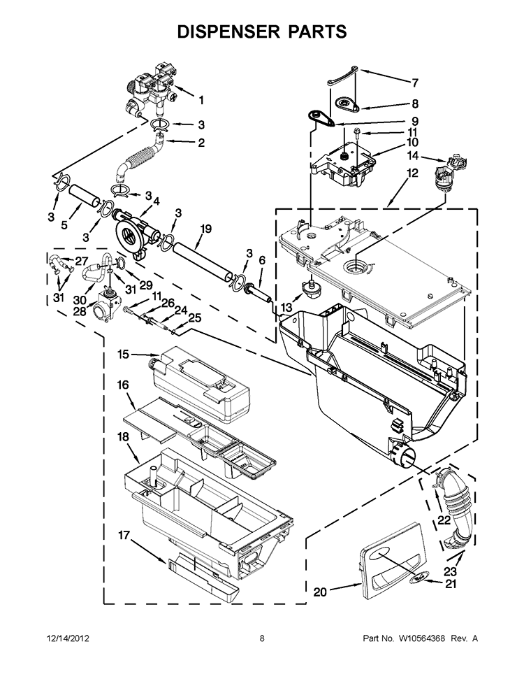 DISPENSER PARTS Diagram and Parts List for WFW97HEXL3  Whirlpool Washer