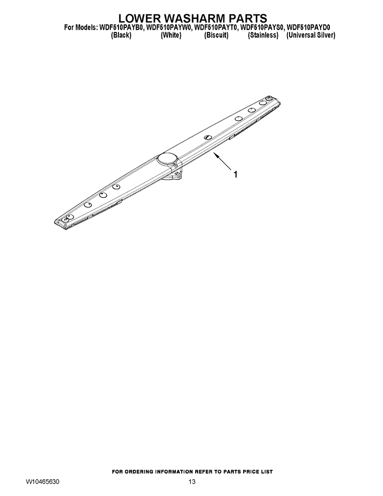 LOWER WASHARM PARTS Diagram and Parts List for WDF510PAYS0  Whirlpool Dishwasher
