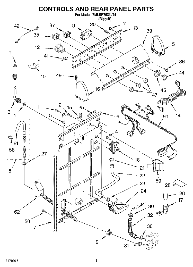 CONTROLS AND REAR PANEL Diagram and Parts List for 7MLSR7533JT4  Whirlpool Washer