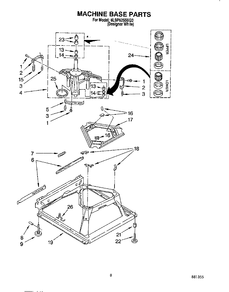 MACHINE BASE Diagram and Parts List for 6LSP8255BQ3  Whirlpool Washer