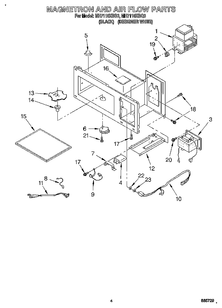 MAGNETRON AND AIR FLOW Diagram and Parts List for MH7110XBQ3  Whirlpool Microwave
