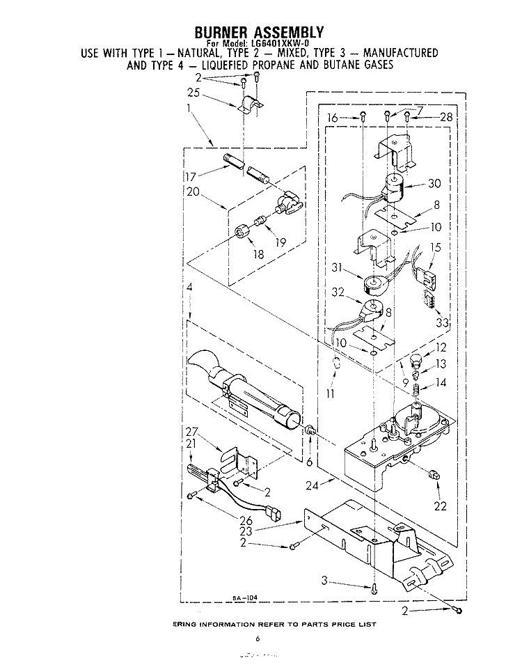 BURNER Diagram and Parts List for LG6401XKW0  Whirlpool Dryer