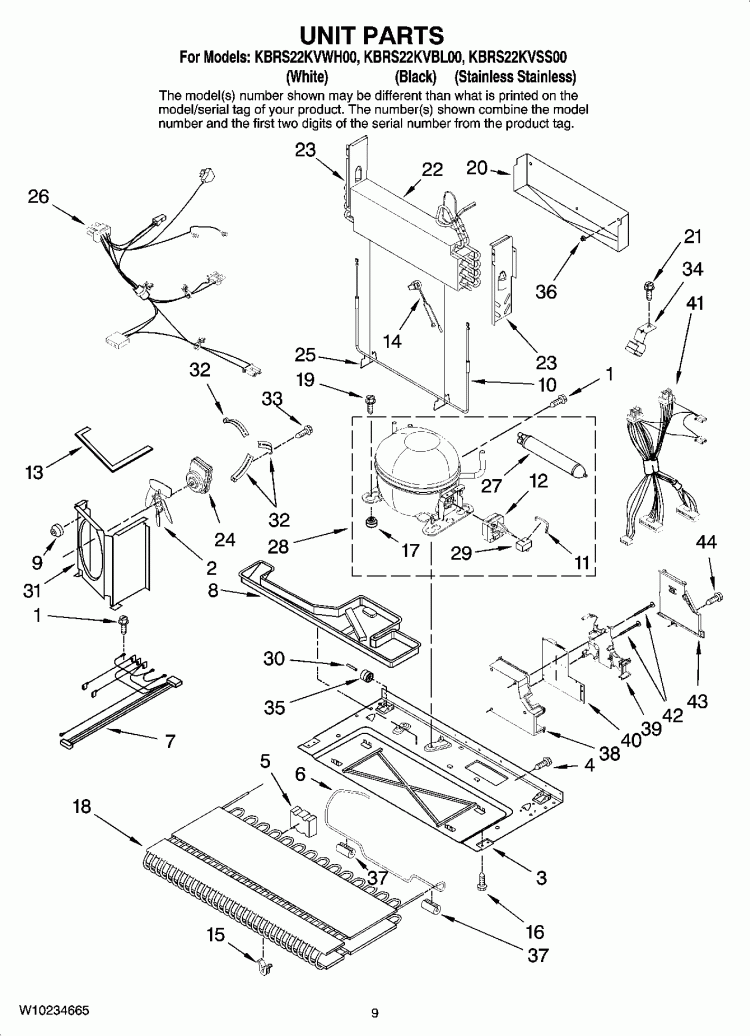UNIT PARTS Diagram and Parts List for KBRS22KVWH00  KitchenAid Refrigerator