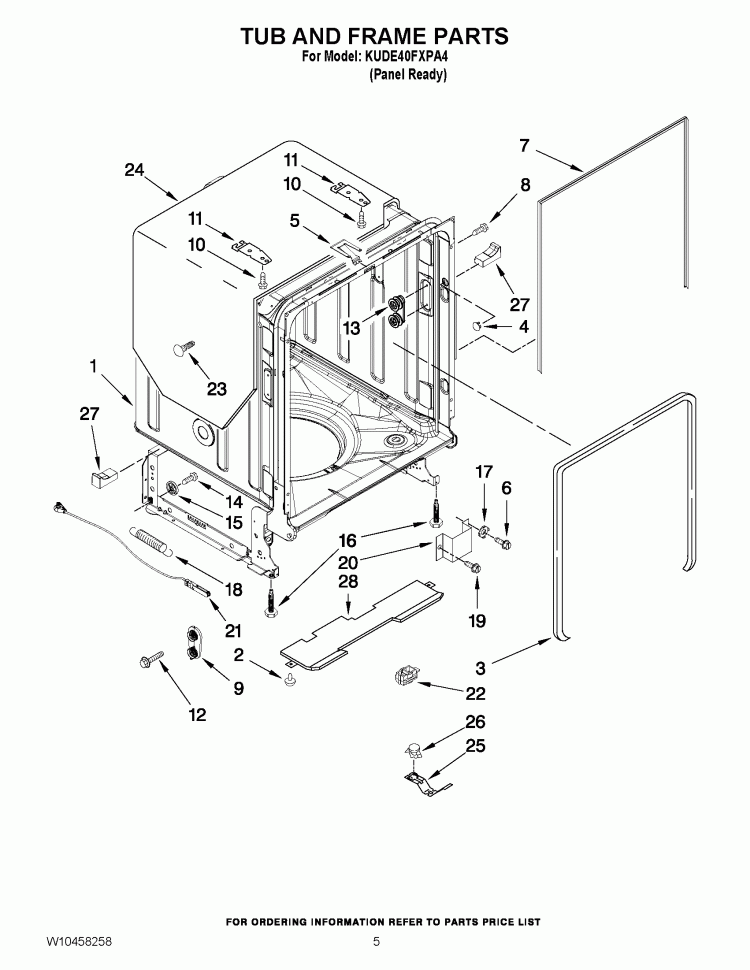 TUB AND FRAME PARTS Diagram and Parts List for KUDE40FXPA4  KitchenAid Dishwasher