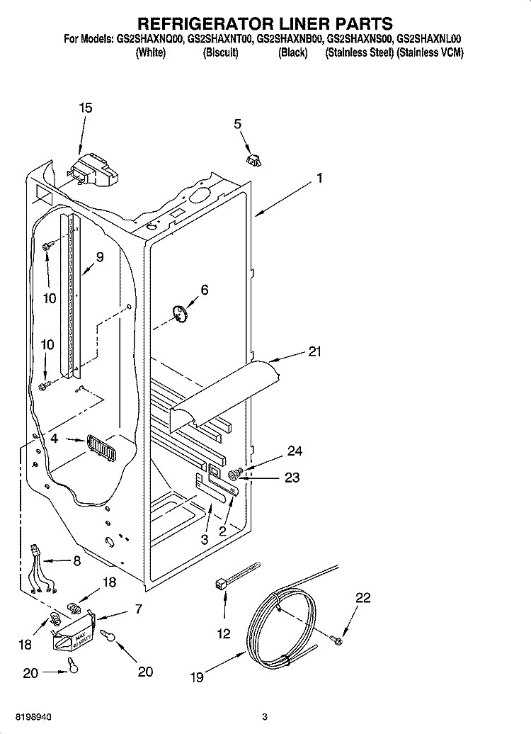REFRIGERATOR LINER PARTS Diagram and Parts List for GS2SHAXNQ00  Whirlpool Refrigerator