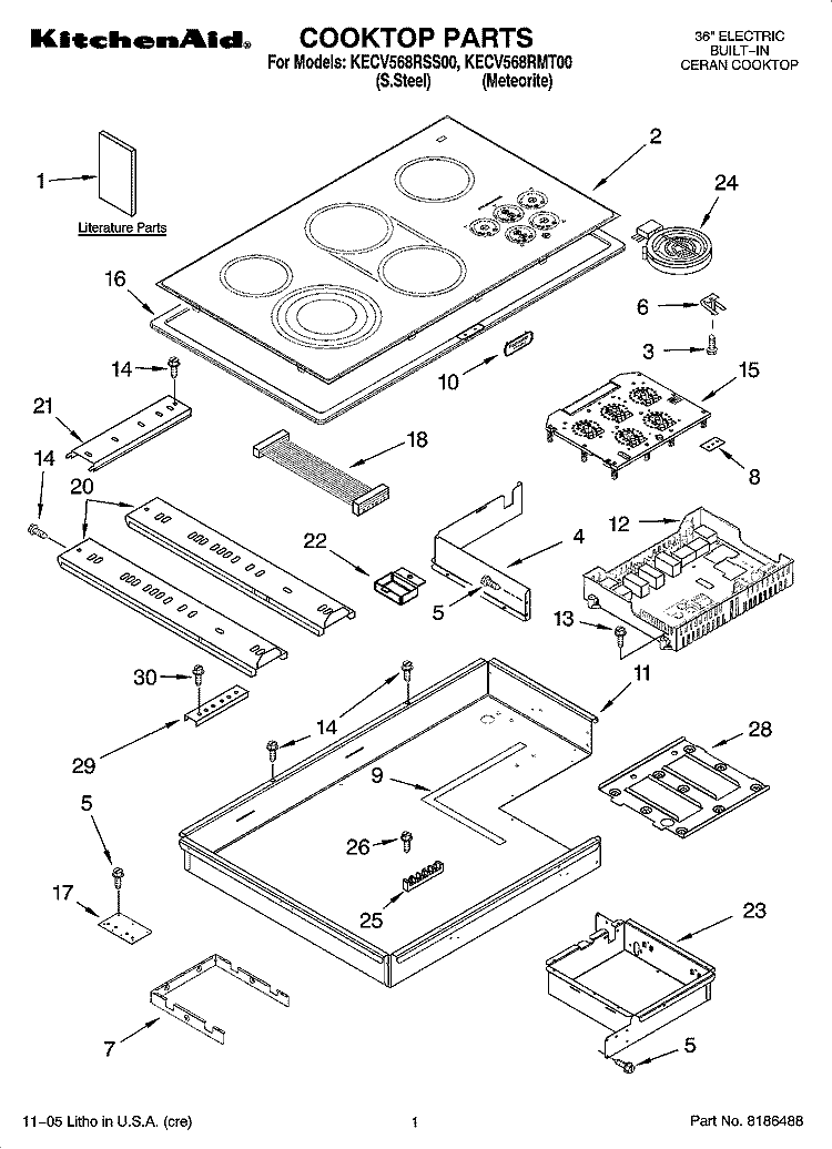 COOKTOP PARTS, OPTIONAL PARTS Diagram and Parts List for KECV568RSS00  KitchenAid Cooktop
