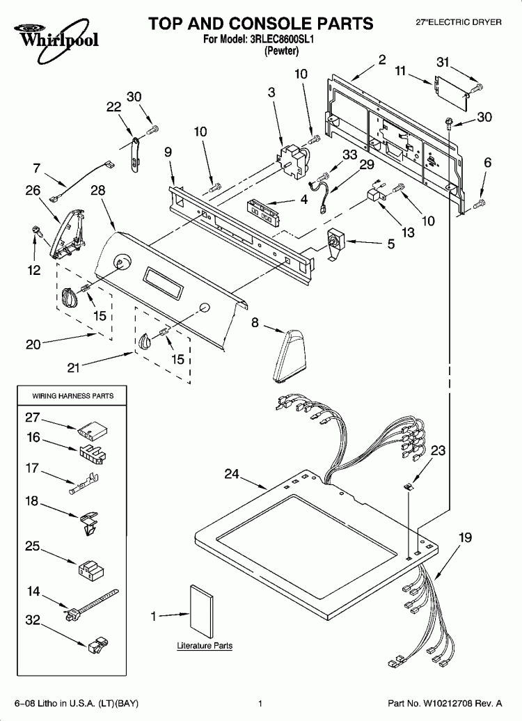 TOP AND CONSOLE PARTS Diagram and Parts List for 3RLEC8600SL1  Whirlpool Dryer