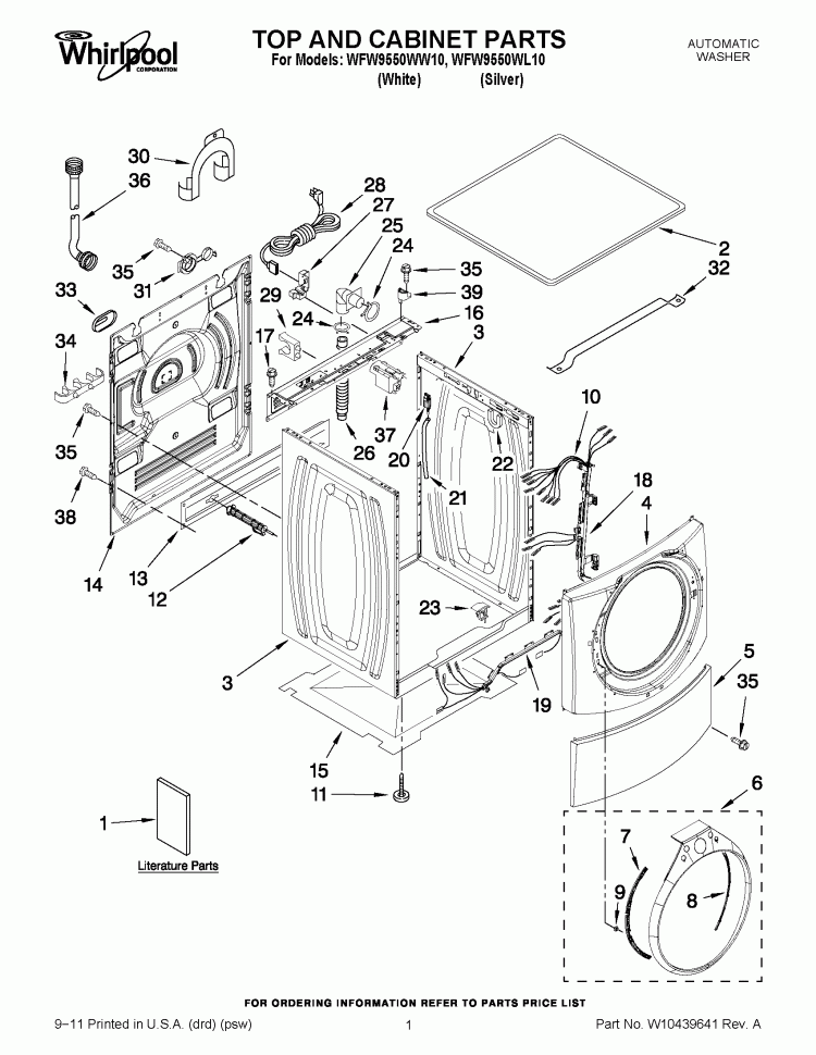TOP AND CABINET PARTS Diagram and Parts List for WFW9550WL10  Whirlpool Washer
