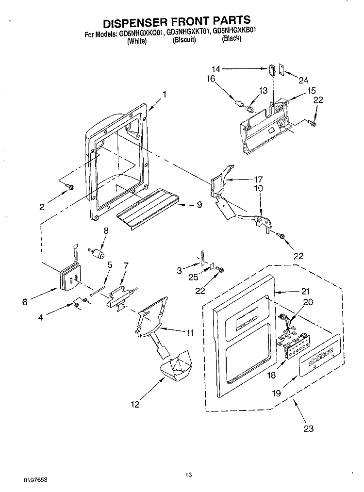 DISPENSER FRONT Diagram and Parts List for GD5NHGXKB01  Whirlpool Refrigerator