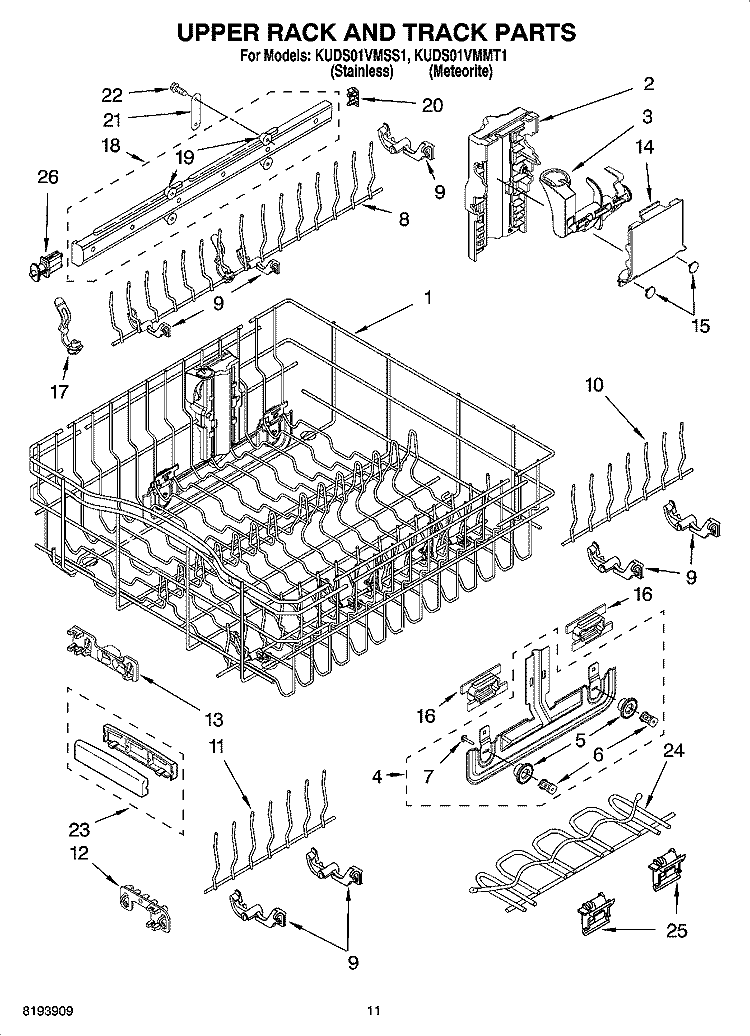 UPPER RACK AND TRACK PARTS Diagram and Parts List for KUDS01VMMT1  KitchenAid Dishwasher
