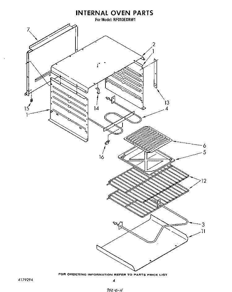 INTERNAL OVEN Diagram and Parts List for RF010EXRW1  Whirlpool Range