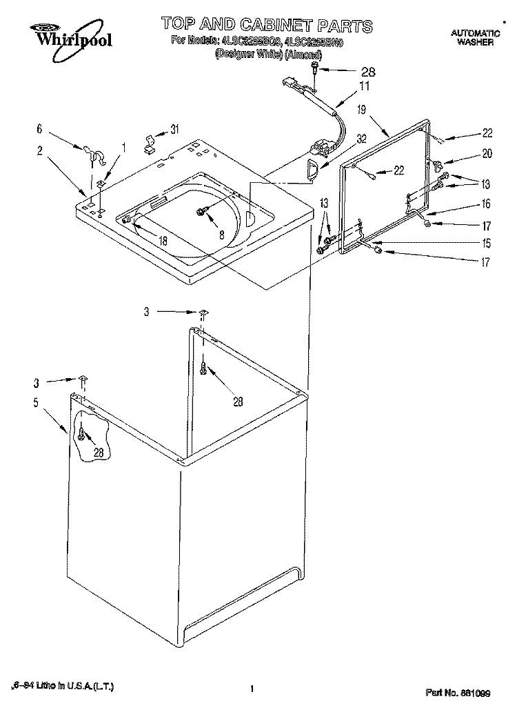 TOP AND CABINET, LIT/OPTIONAL Diagram and Parts List for 4LSC8255BQ0  Whirlpool Washer