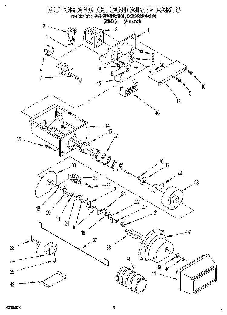 MOTOR AND ICE CONTAINER Diagram and Parts List for KSHS22QBWH01  KitchenAid Refrigerator