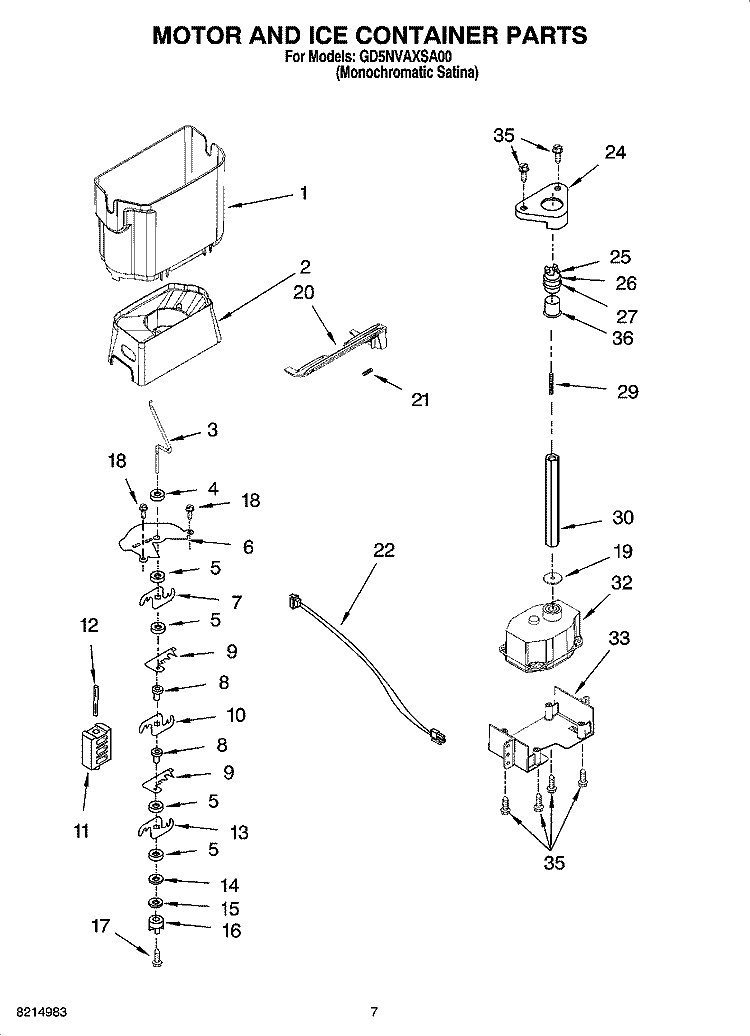 MOTOR AND ICE CONTAINER PARTS Diagram and Parts List for GD5NVAXSA00  Whirlpool Refrigerator