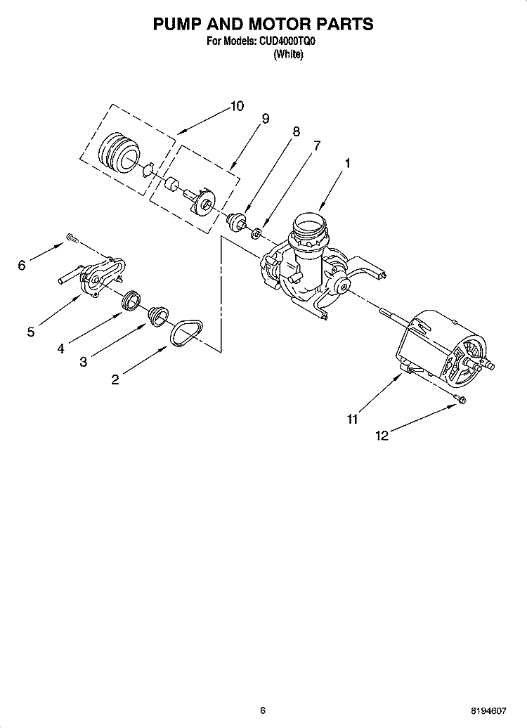 PUMP AND MOTOR PARTS Diagram and Parts List for CUD4000TQ0  Crosley Dishwasher