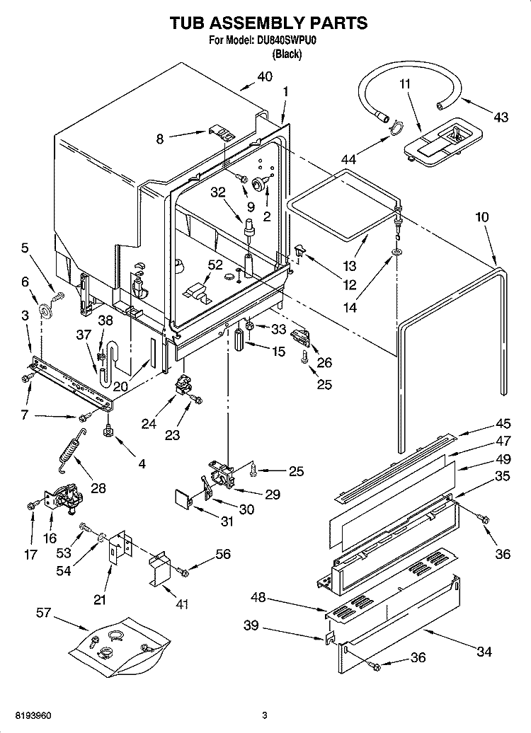 TUB ASSEMBLY PARTS Diagram and Parts List for DU840SWPU0  Whirlpool Dishwasher